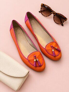C Wonder Ballet Flats Womens 7.5 Orange Pink Leather Tassel Colorblock Preppy